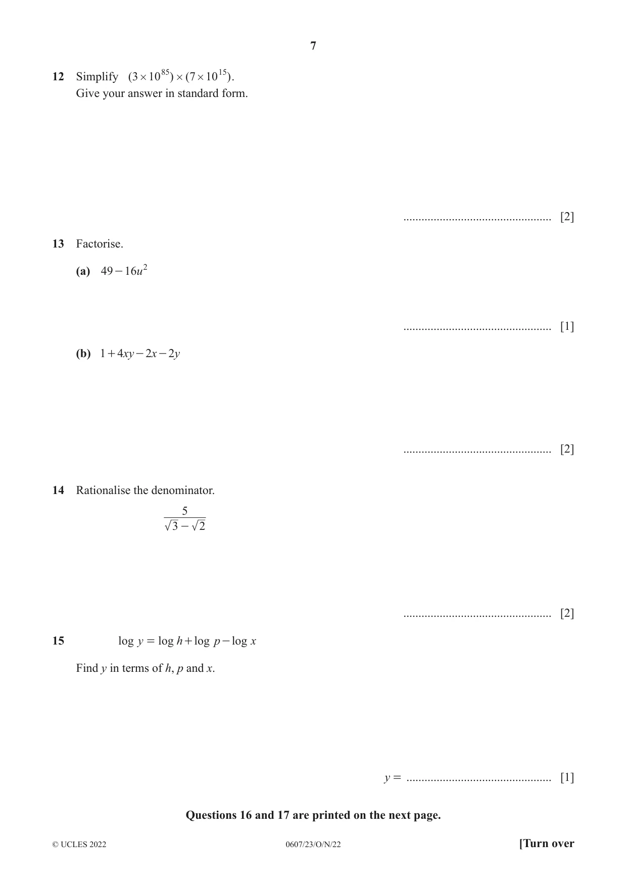 Cambridge IGCSE Mathematics - International 0607 2022 Oct/Nov Paper 2 · Variant 3 question paper, page 7 of 8