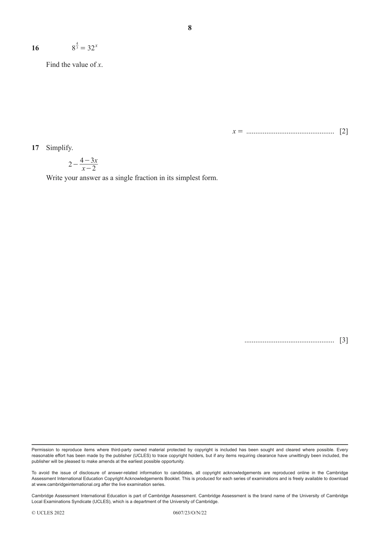 Cambridge IGCSE Mathematics - International 0607 2022 Oct/Nov Paper 2 · Variant 3 question paper, page 8 of 8