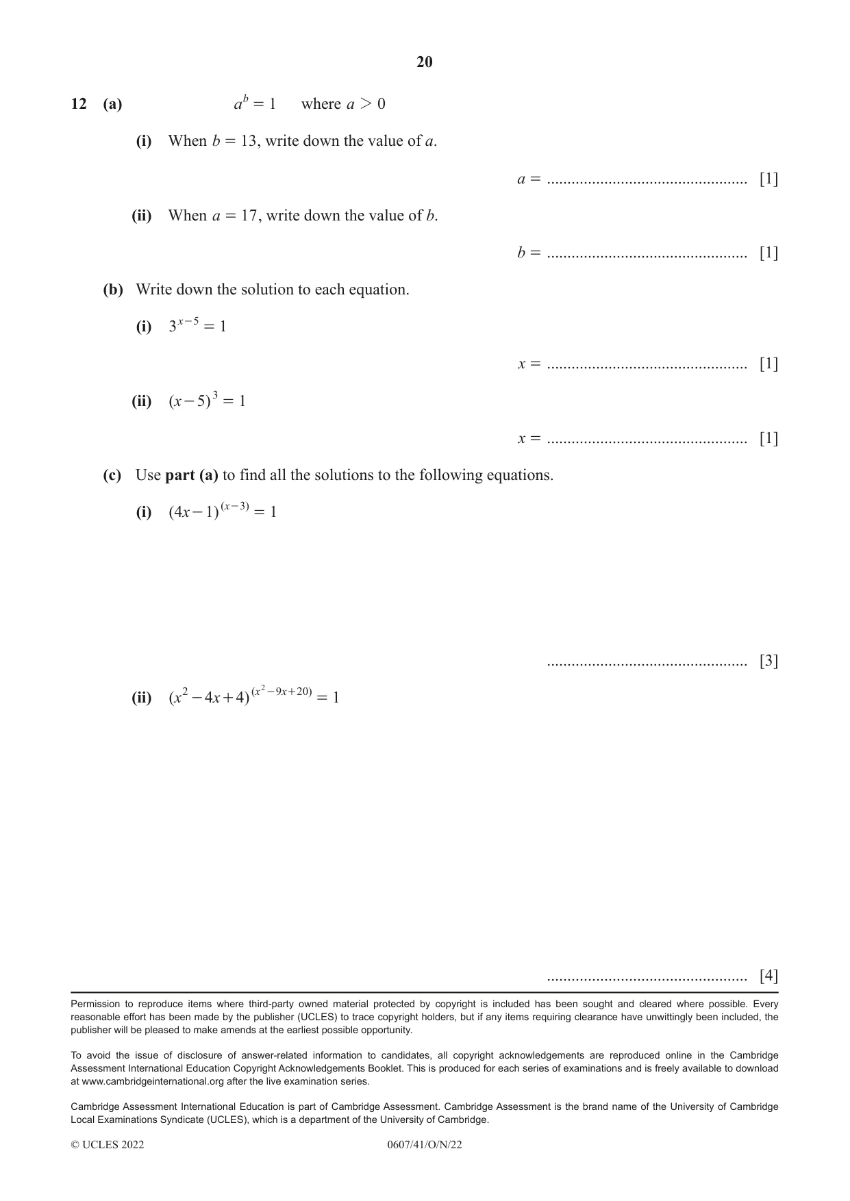 Cambridge IGCSE Mathematics - International 0607 2022 Oct/Nov Paper 4 · Variant 1 question paper, page 20 of 20