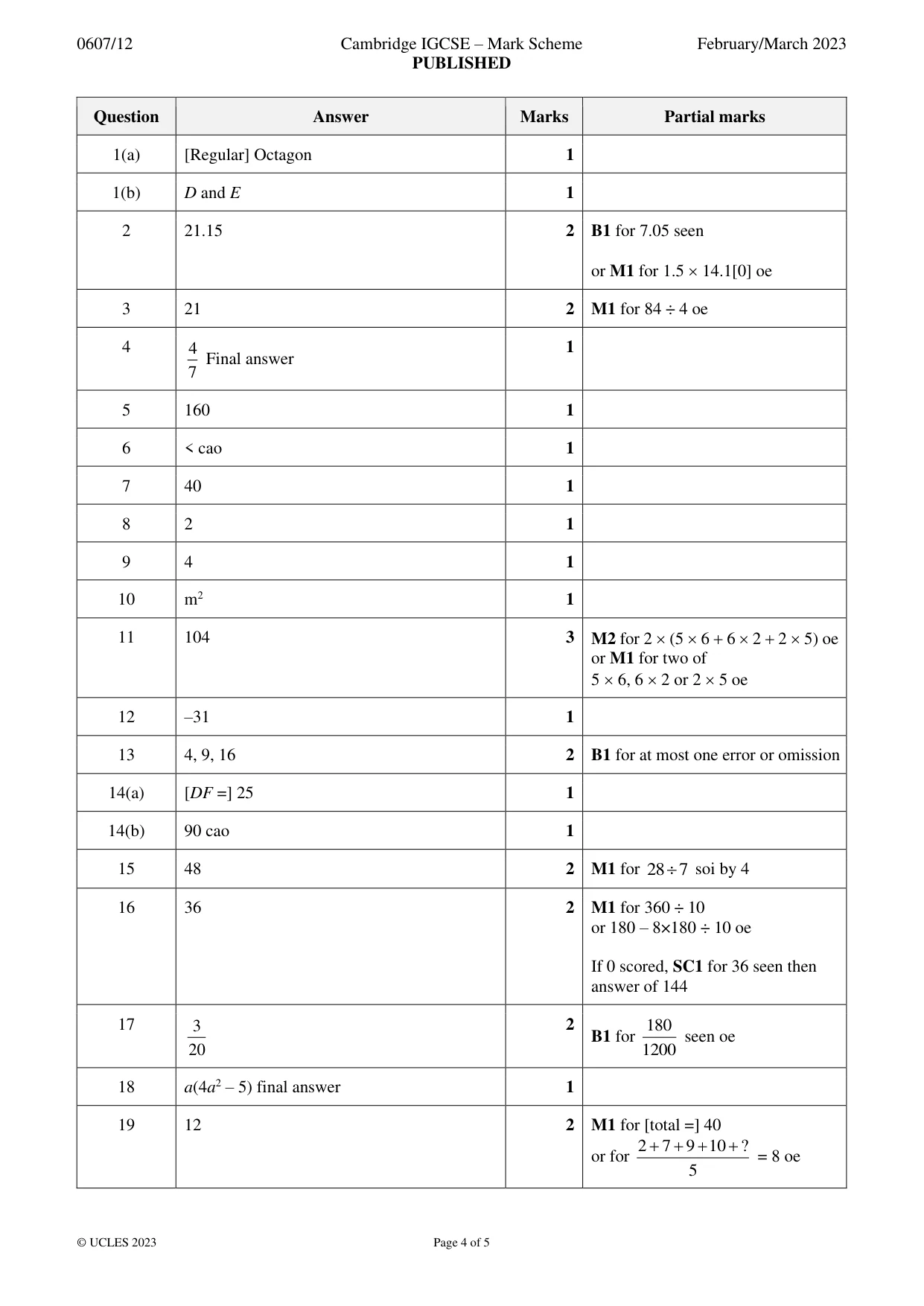 Mark scheme, page 4 of 5