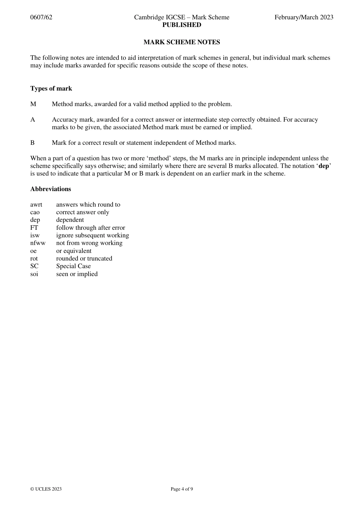 Mark scheme, page 4 of 9