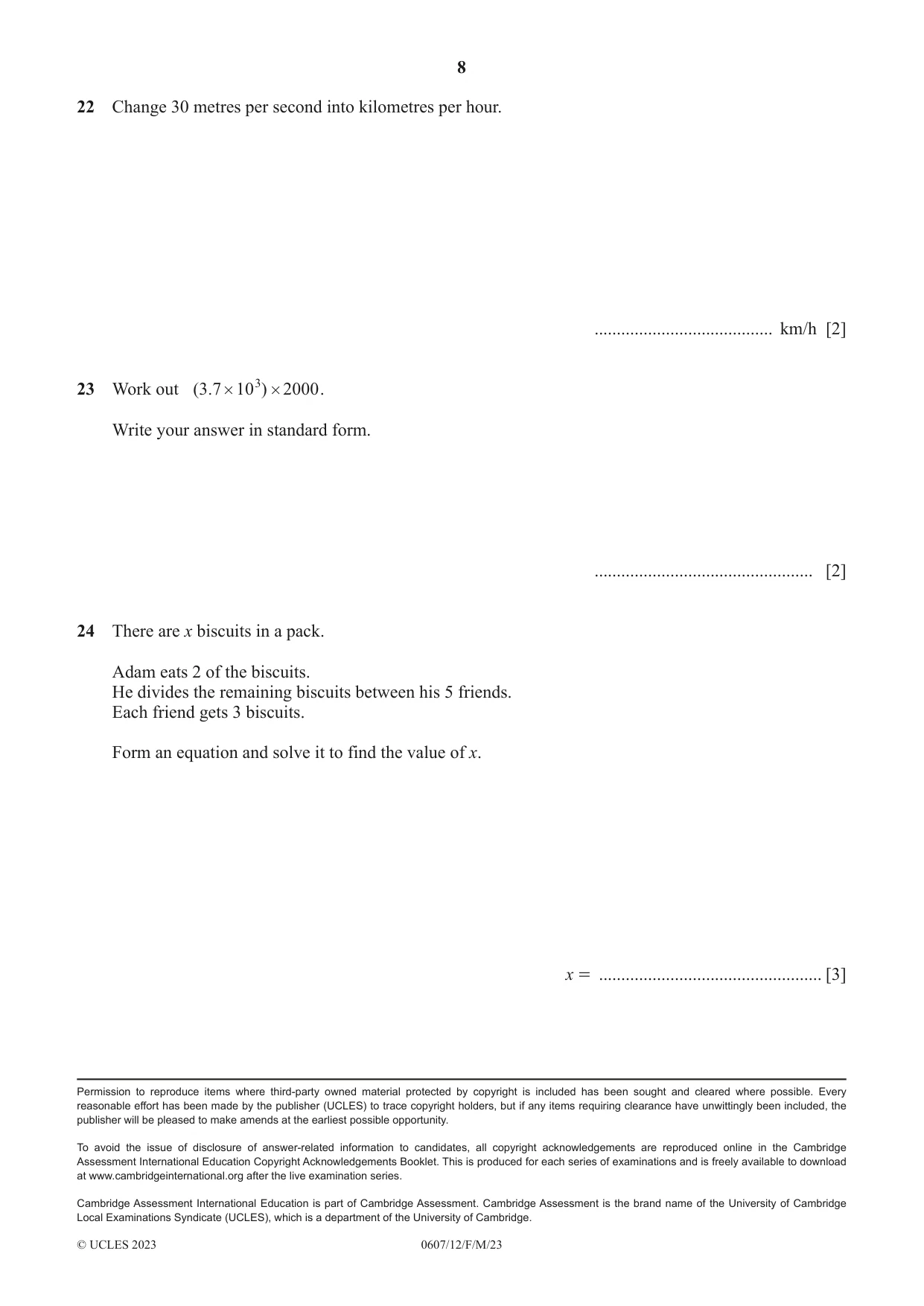 Cambridge IGCSE Mathematics - International 0607 2023 Feb/March Paper 1 · Variant 2 question paper, page 8 of 8