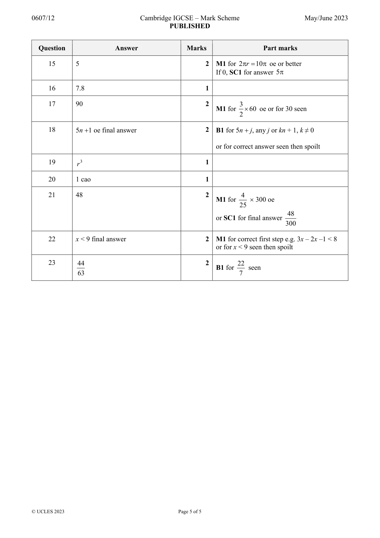 Mark scheme, page 5 of 5