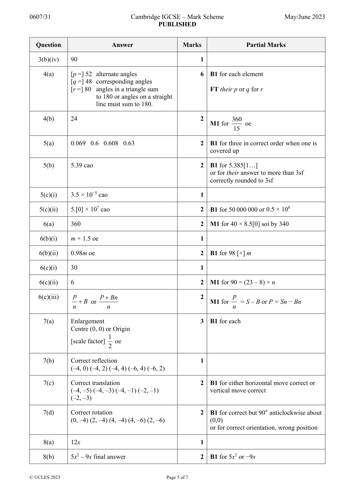 Mark scheme, page 5 of 7