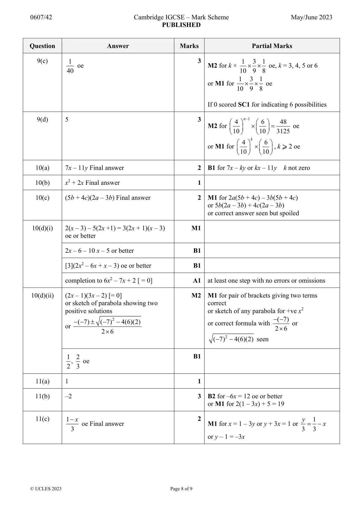 Mark scheme, page 8 of 9