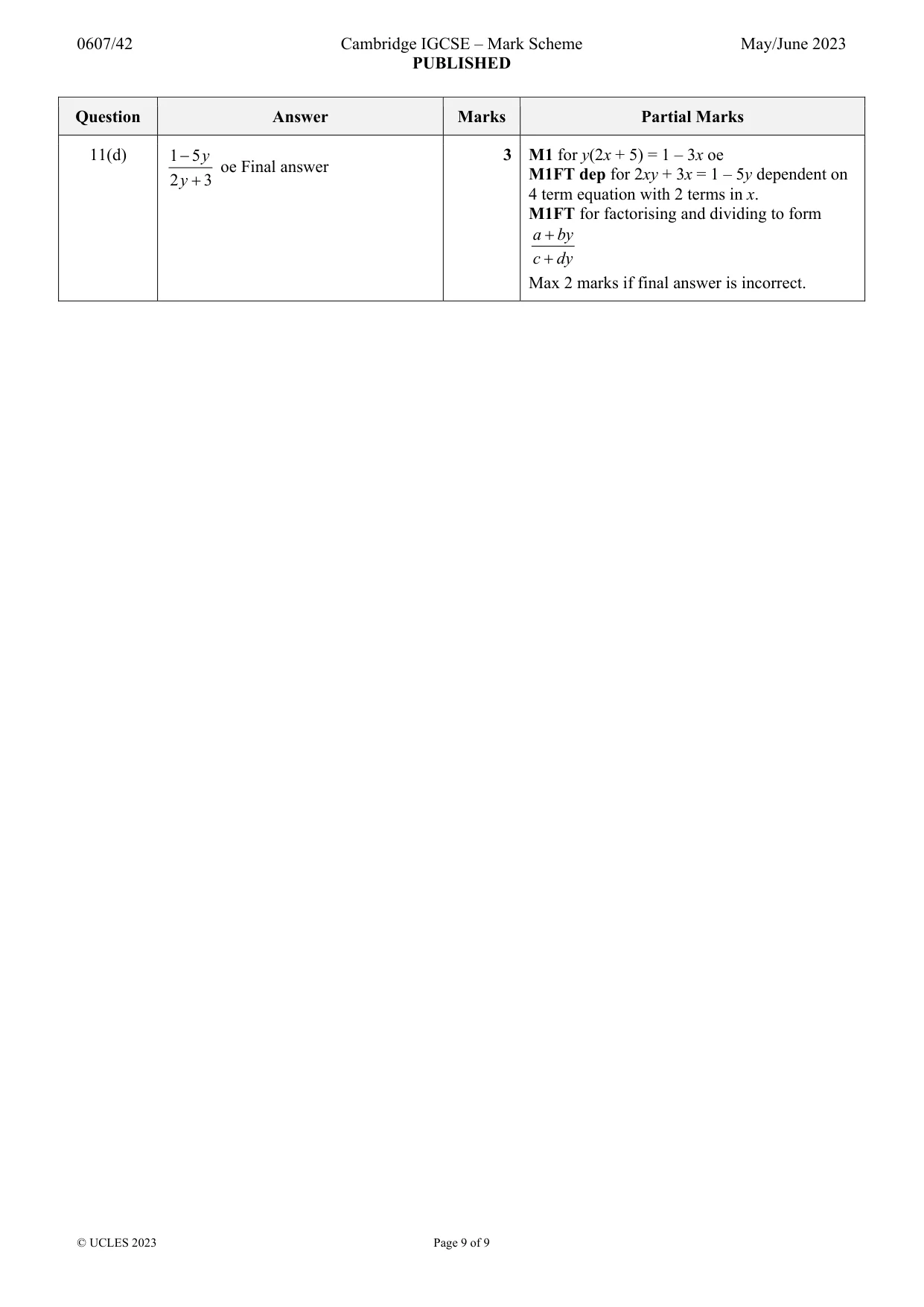 Mark scheme, page 9 of 9