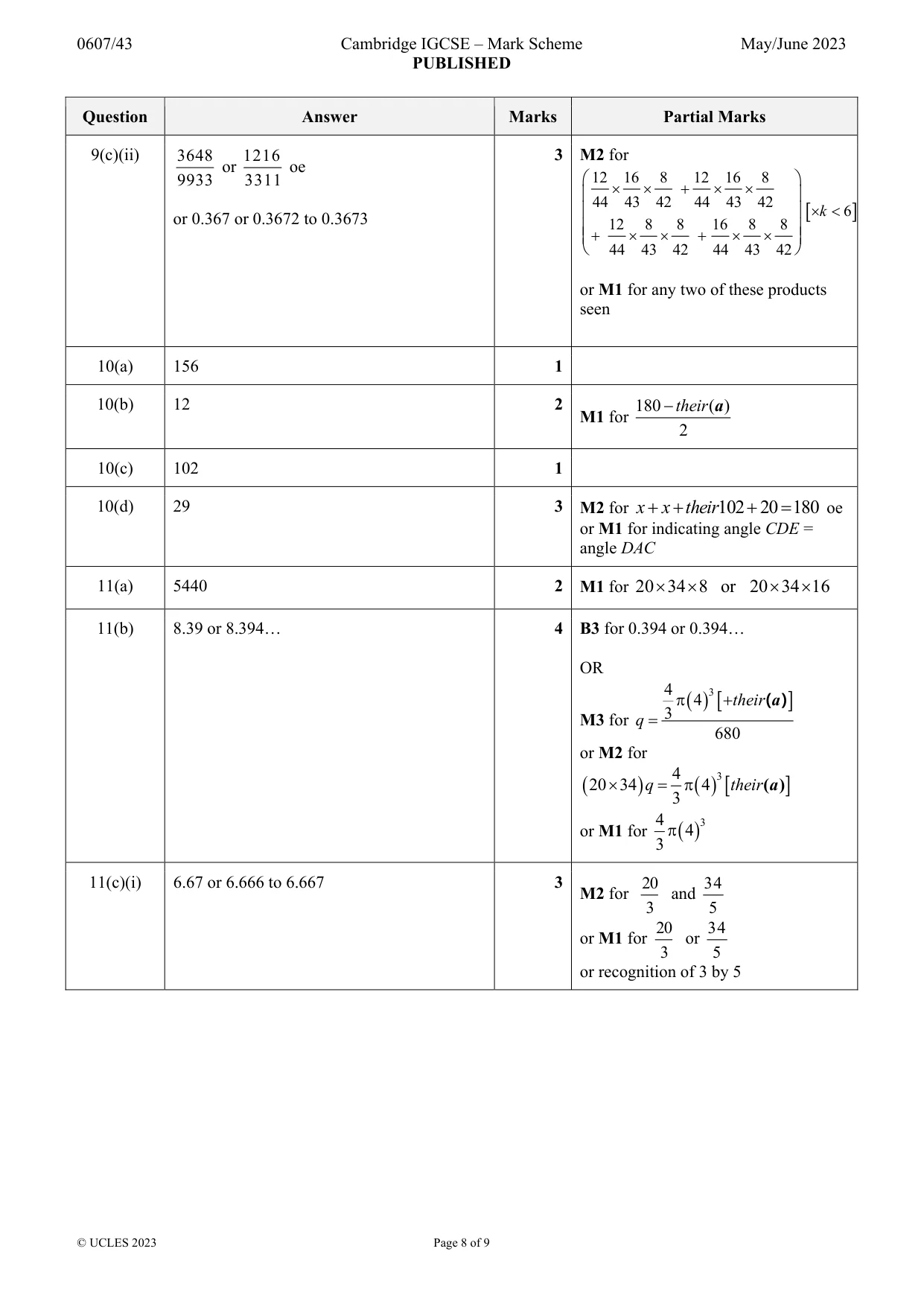 Mark scheme, page 8 of 9