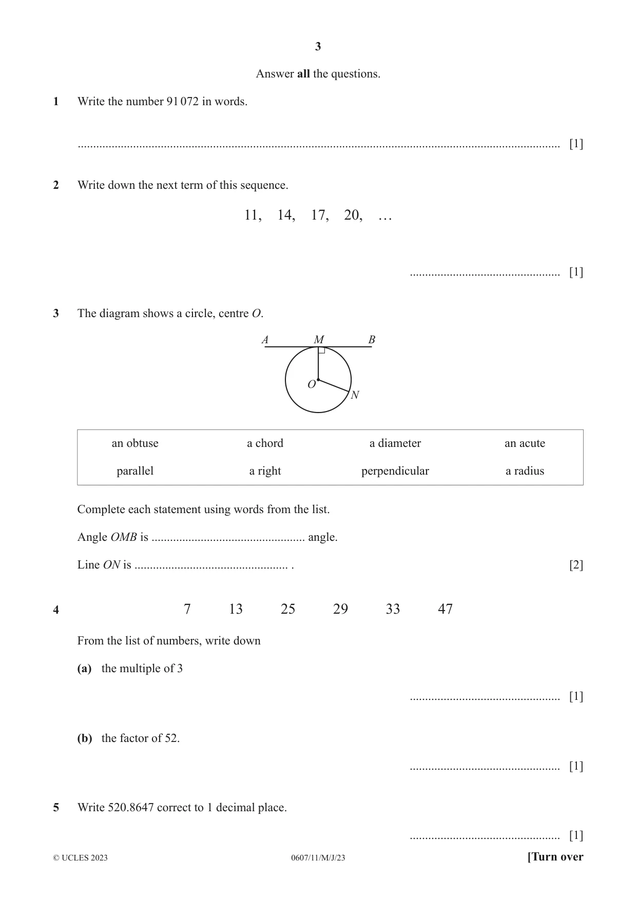 Cambridge IGCSE Mathematics - International 0607 2023 May/June Paper 1 · Variant 1 question paper, page 3 of 8