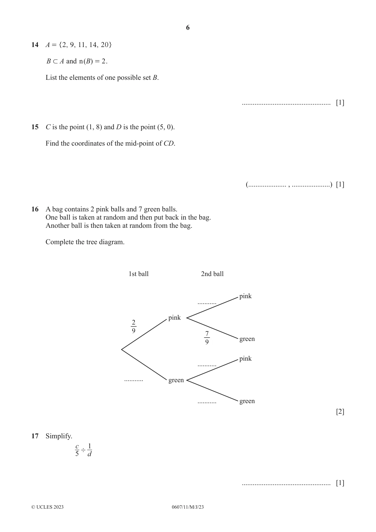 Cambridge IGCSE Mathematics - International 0607 2023 May/June Paper 1 · Variant 1 question paper, page 6 of 8