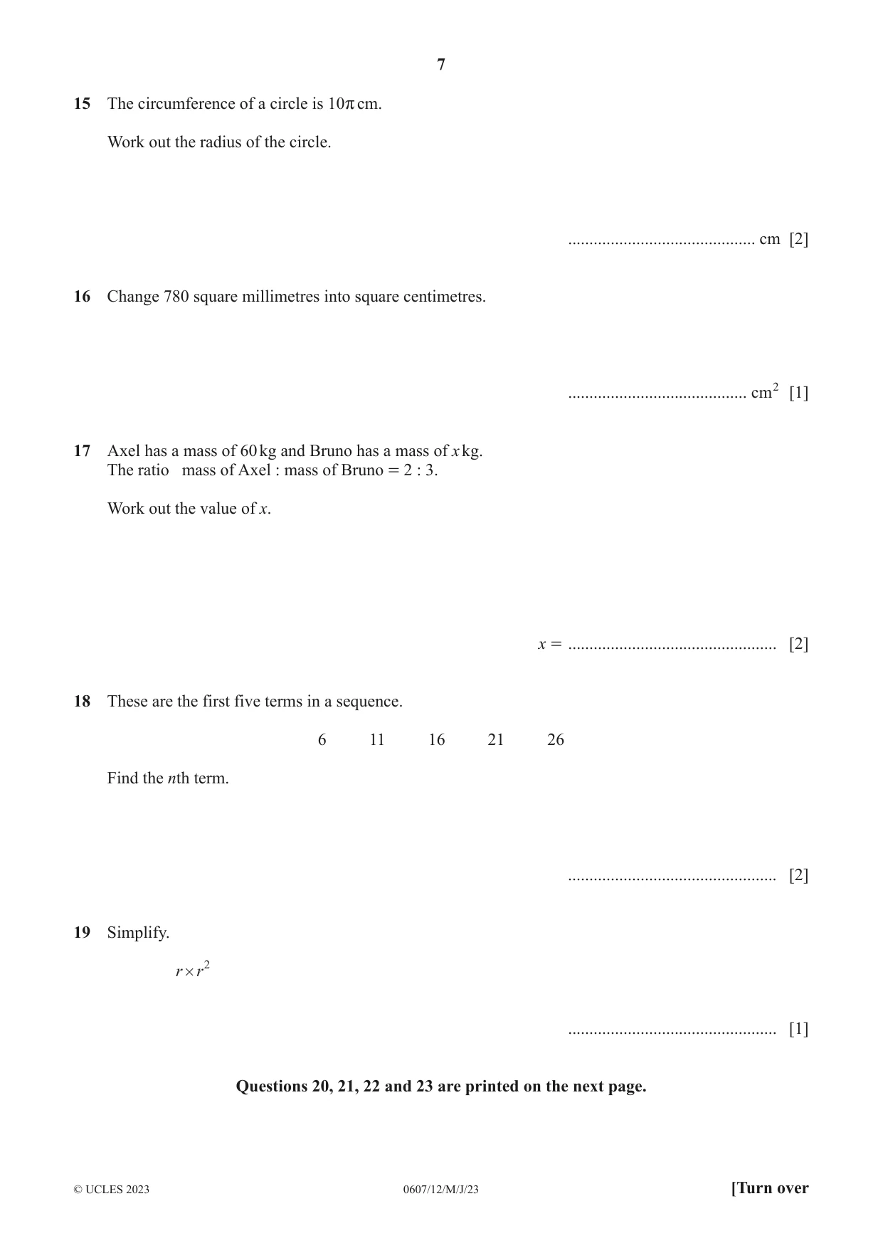 Cambridge IGCSE Mathematics - International 0607 2023 May/June Paper 1 · Variant 2 question paper, page 7 of 8