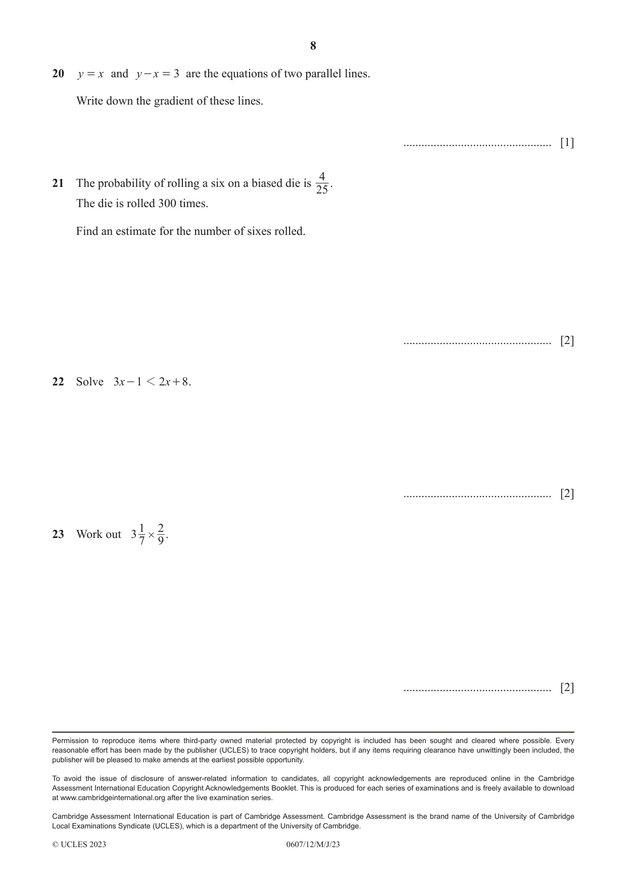Cambridge IGCSE Mathematics - International 0607 2023 May/June Paper 1 · Variant 2 question paper, page 8 of 8