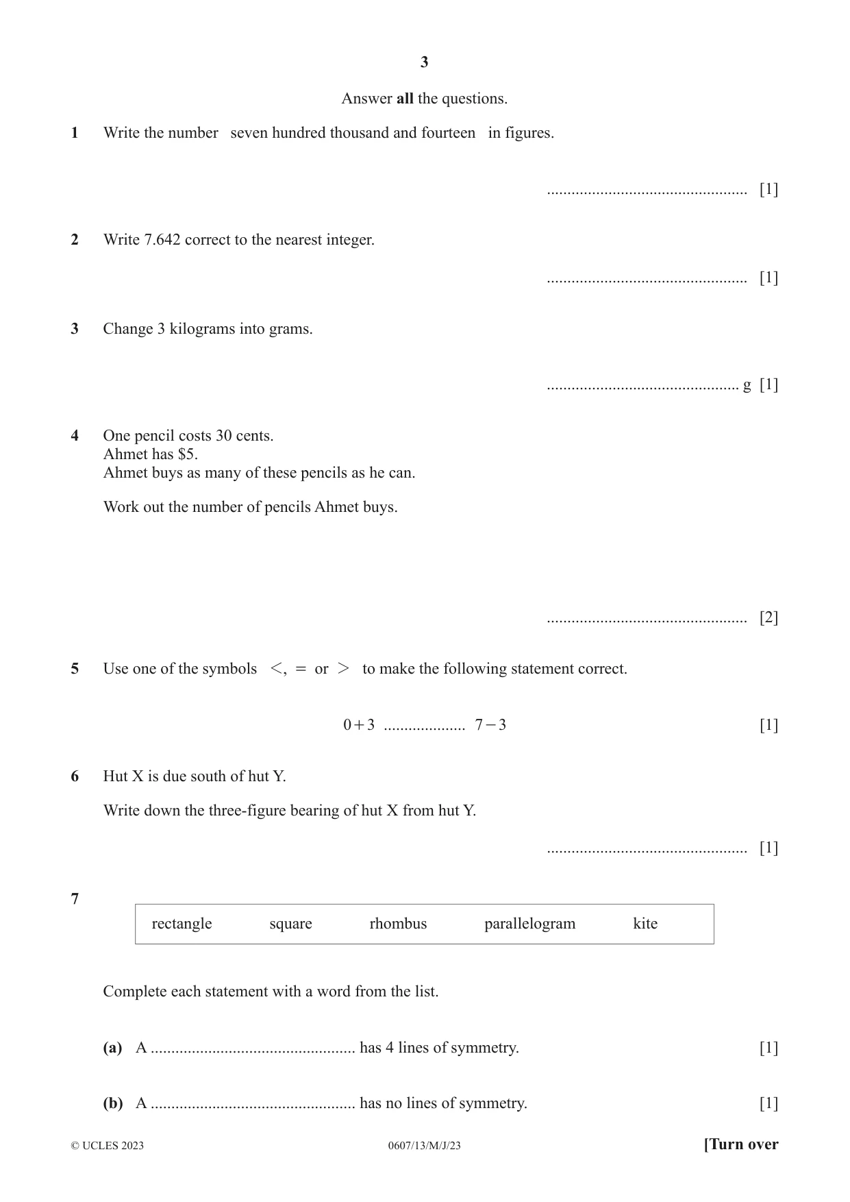 Cambridge IGCSE Mathematics - International 0607 2023 May/June Paper 1 · Variant 3 question paper, page 3 of 8