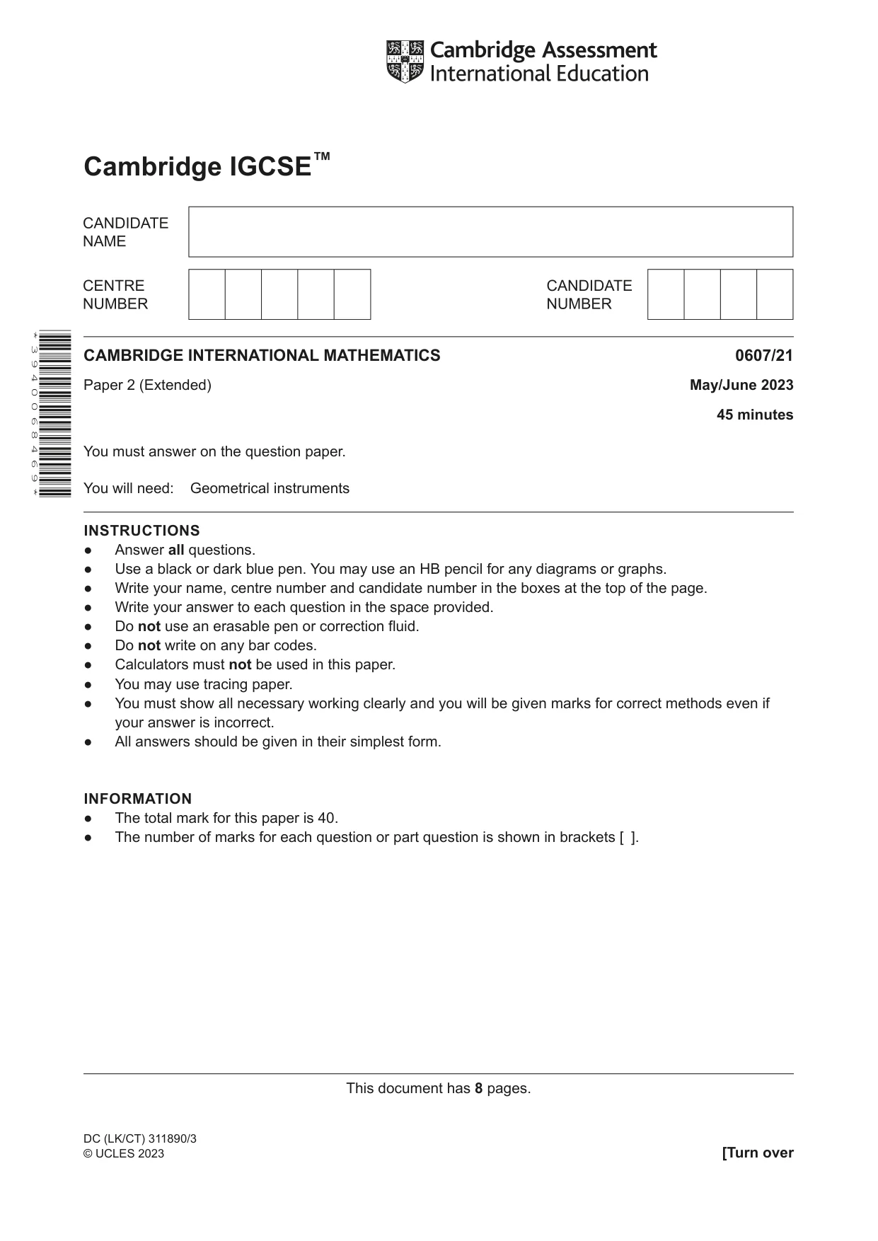 Cambridge IGCSE Mathematics - International 0607 2023 May/June Paper 2 · Variant 1 question paper, page 1 of 8