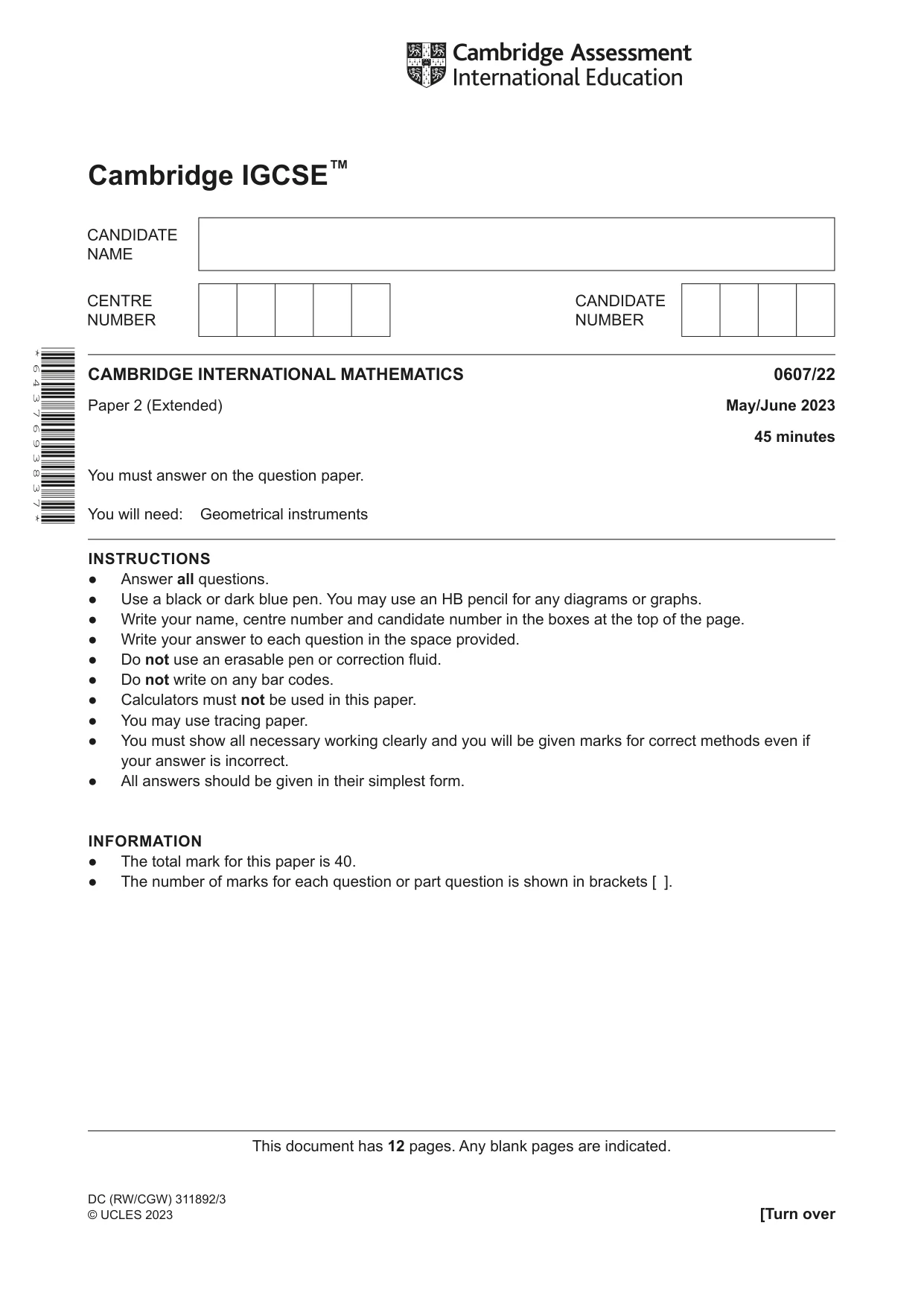 Cambridge IGCSE Mathematics - International 0607 2023 May/June Paper 2 · Variant 2 question paper, page 1 of 12