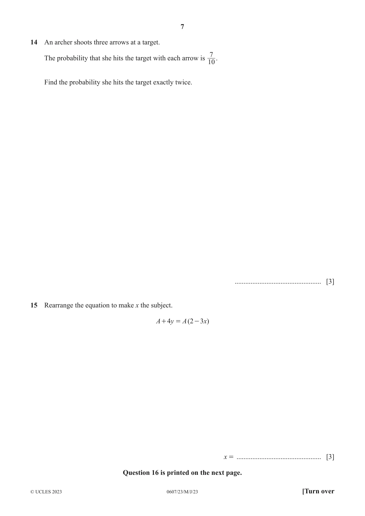 Cambridge IGCSE Mathematics - International 0607 2023 May/June Paper 2 · Variant 3 question paper, page 7 of 8