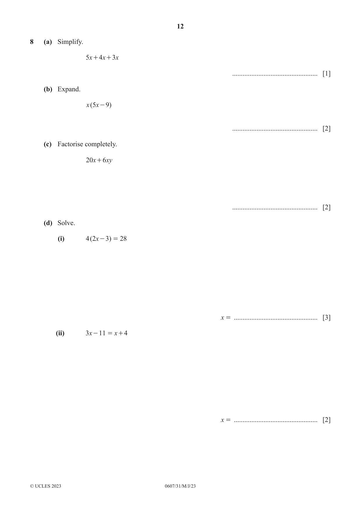 Cambridge IGCSE Mathematics - International 0607 2023 May/June Paper 3 · Variant 1 question paper, page 12 of 16