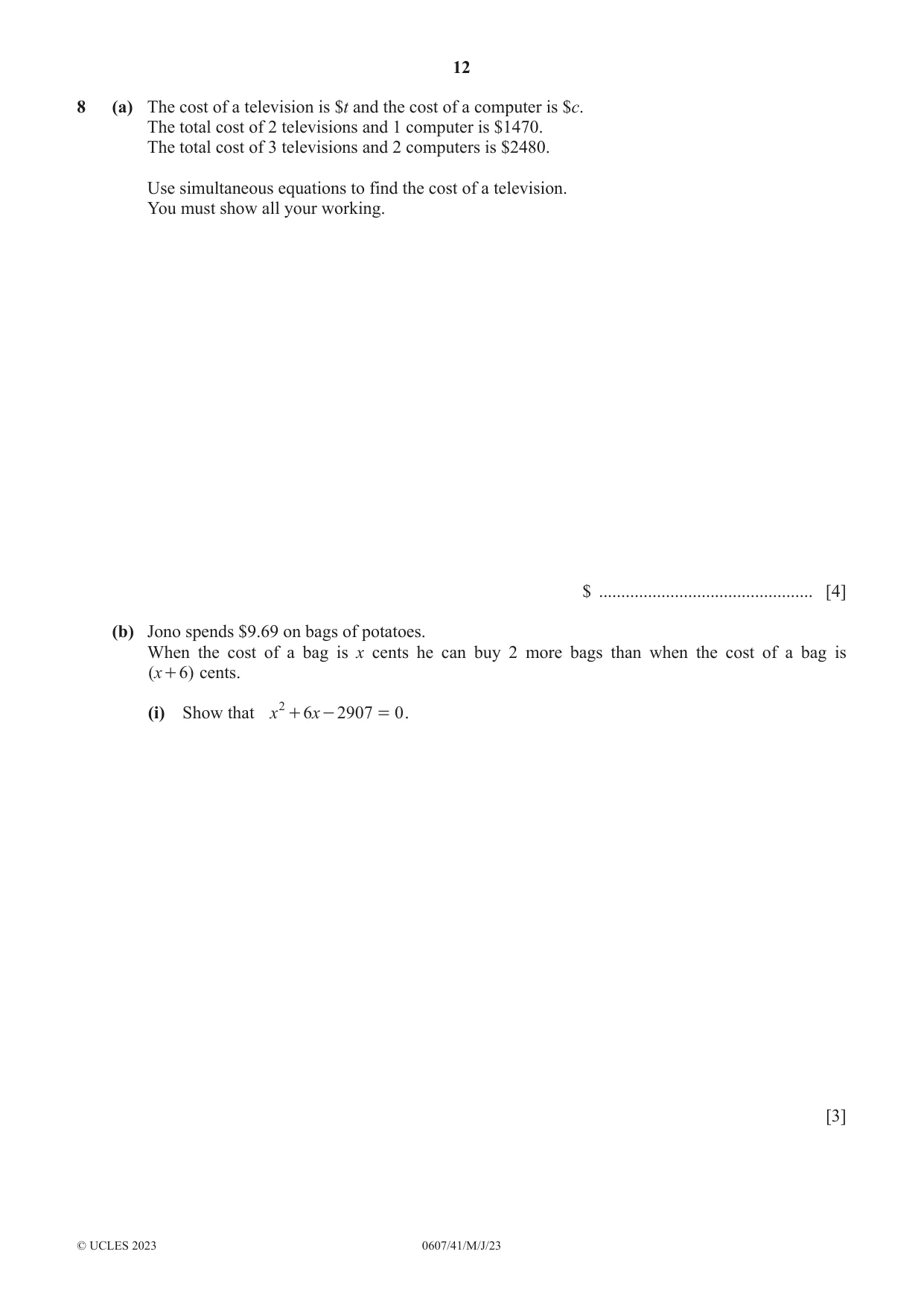 Cambridge IGCSE Mathematics - International 0607 2023 May/June Paper 4 · Variant 1 question paper, page 12 of 20