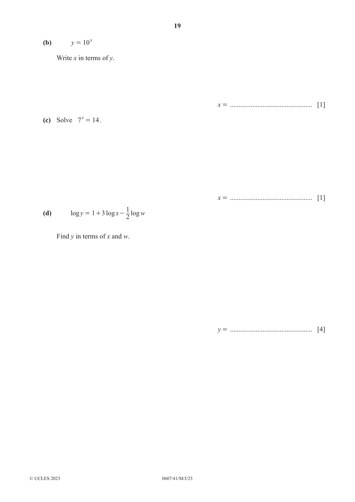 Cambridge IGCSE Mathematics - International 0607 2023 May/June Paper 4 · Variant 1 question paper, page 19 of 20