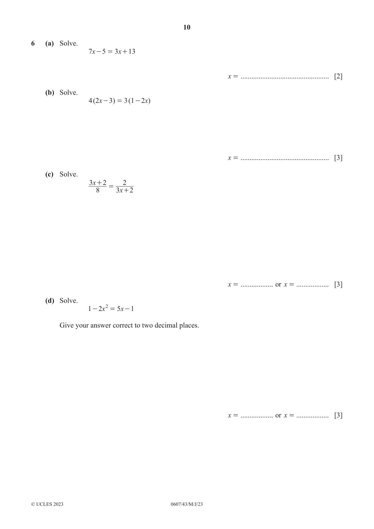 Cambridge IGCSE Mathematics - International 0607 2023 May/June Paper 4 · Variant 3 question paper, page 10 of 20