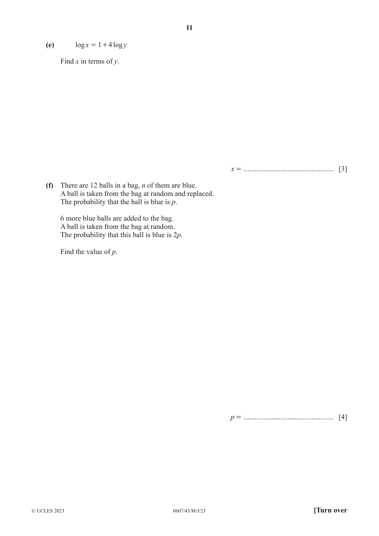 Cambridge IGCSE Mathematics - International 0607 2023 May/June Paper 4 · Variant 3 question paper, page 11 of 20