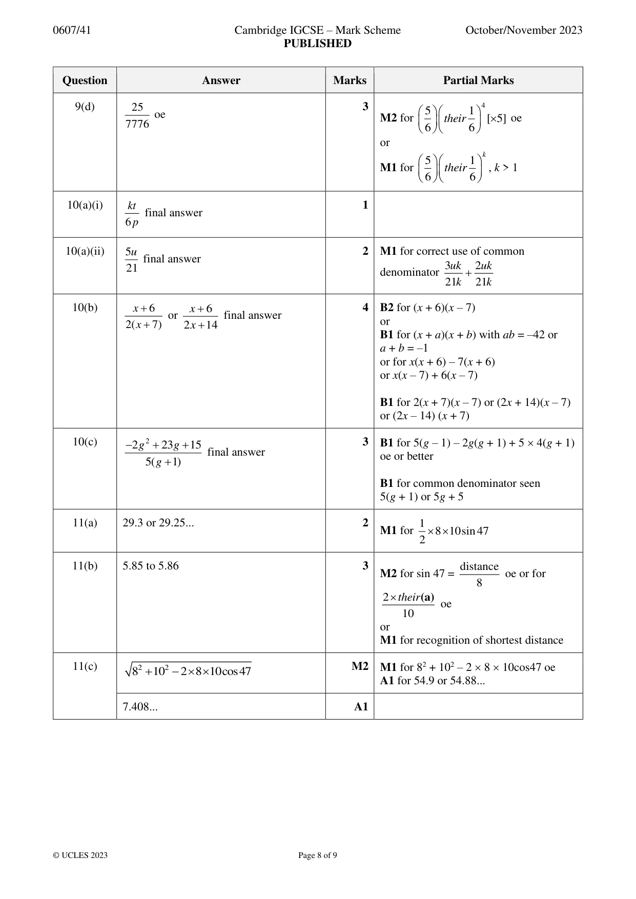 Mark scheme, page 8 of 9