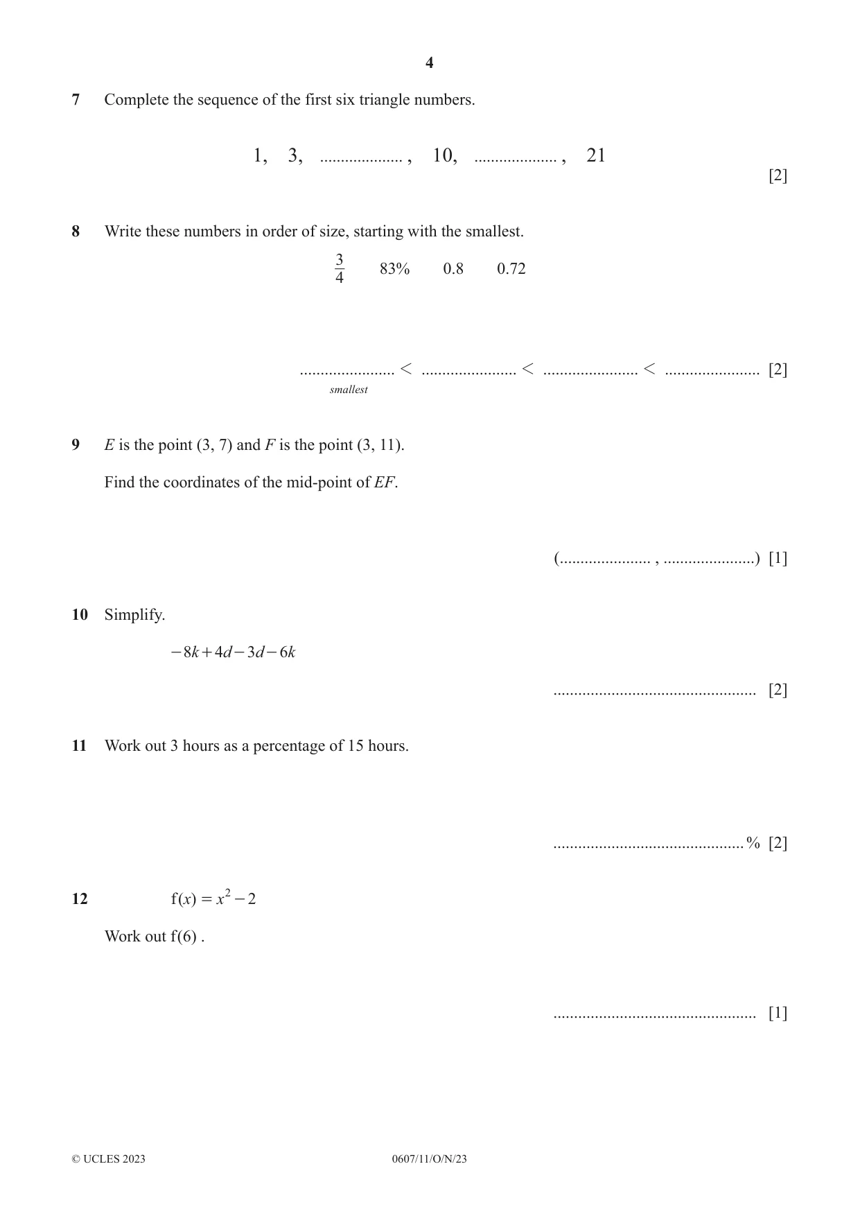 Cambridge IGCSE Mathematics - International 0607 2023 Oct/Nov Paper 1 · Variant 1 question paper, page 4 of 8