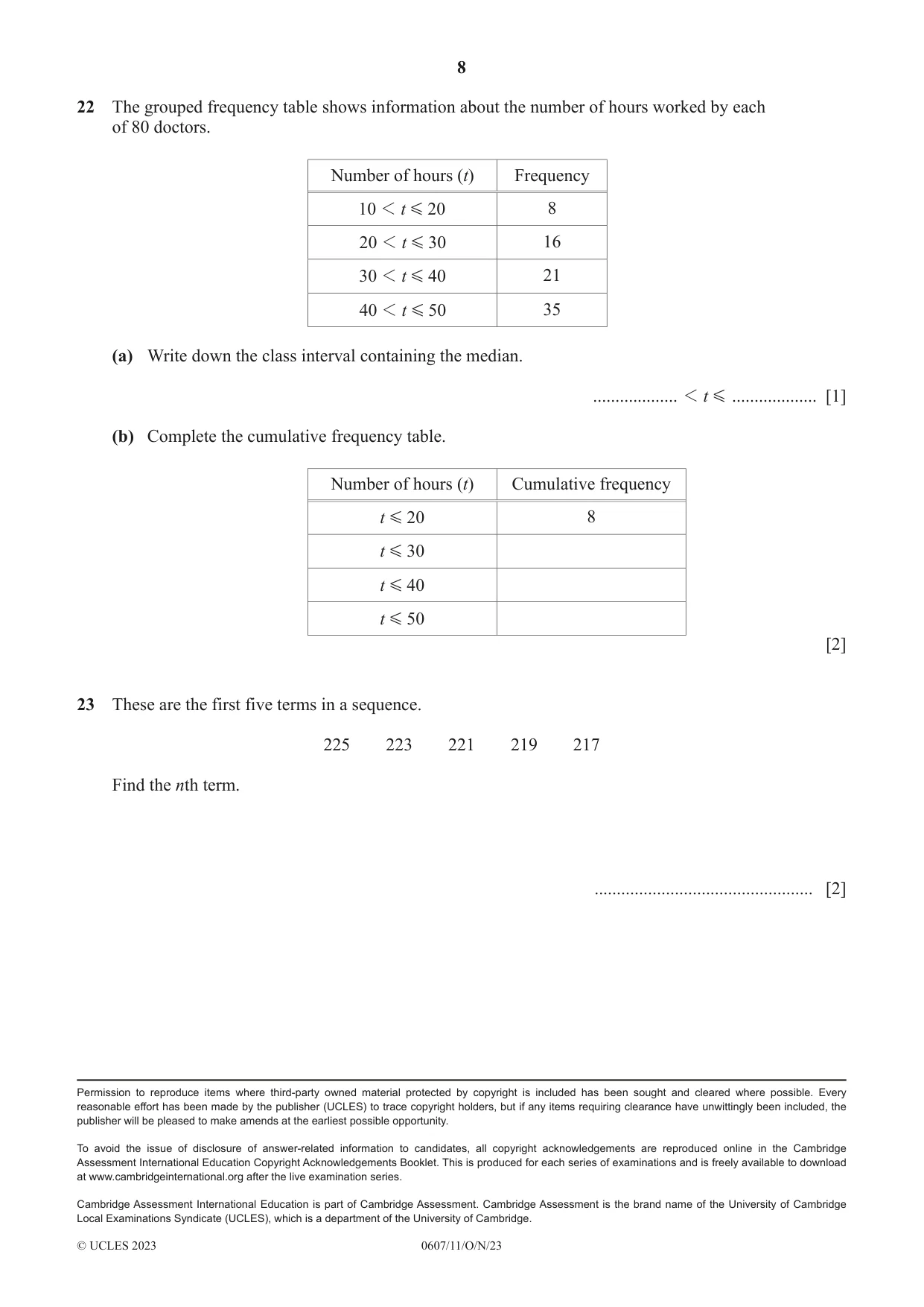 Cambridge IGCSE Mathematics - International 0607 2023 Oct/Nov Paper 1 · Variant 1 question paper, page 8 of 8