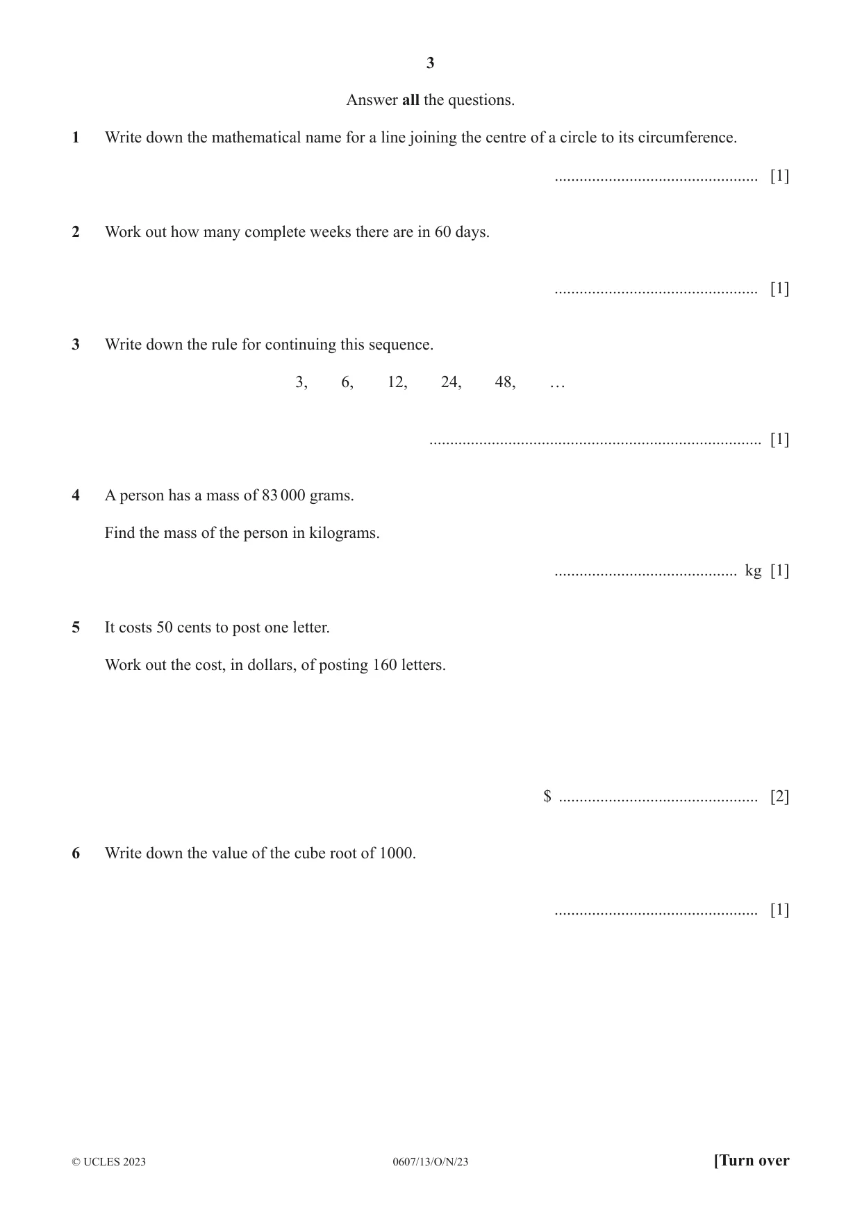 Cambridge IGCSE Mathematics - International 0607 2023 Oct/Nov Paper 1 · Variant 3 question paper, page 3 of 8