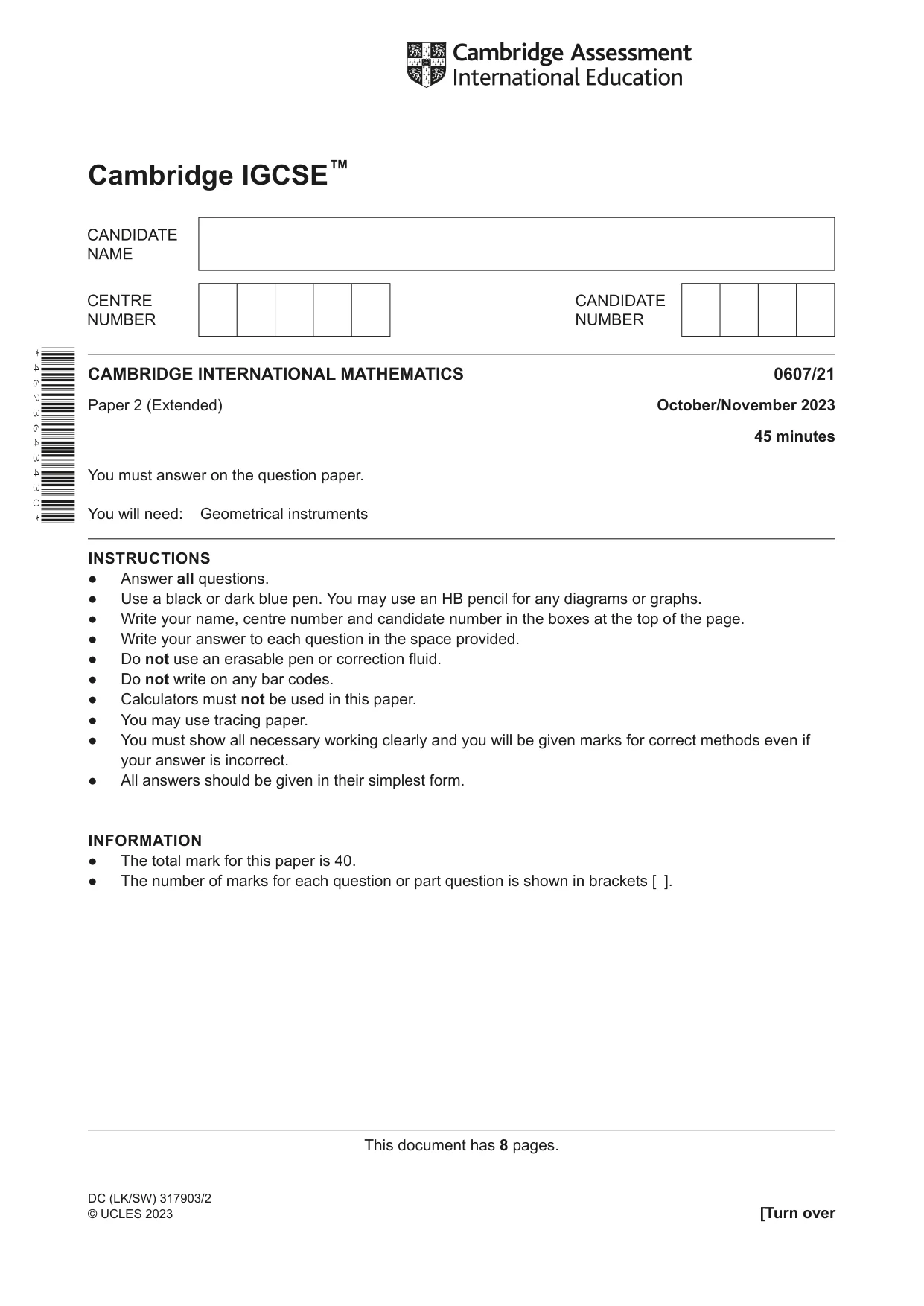 Cambridge IGCSE Mathematics - International 0607 2023 Oct/Nov Paper 2 · Variant 1 question paper, page 1 of 8