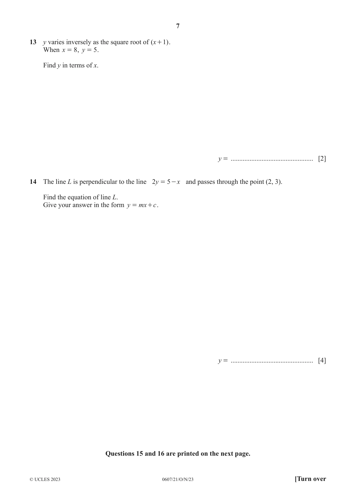Cambridge IGCSE Mathematics - International 0607 2023 Oct/Nov Paper 2 · Variant 1 question paper, page 7 of 8