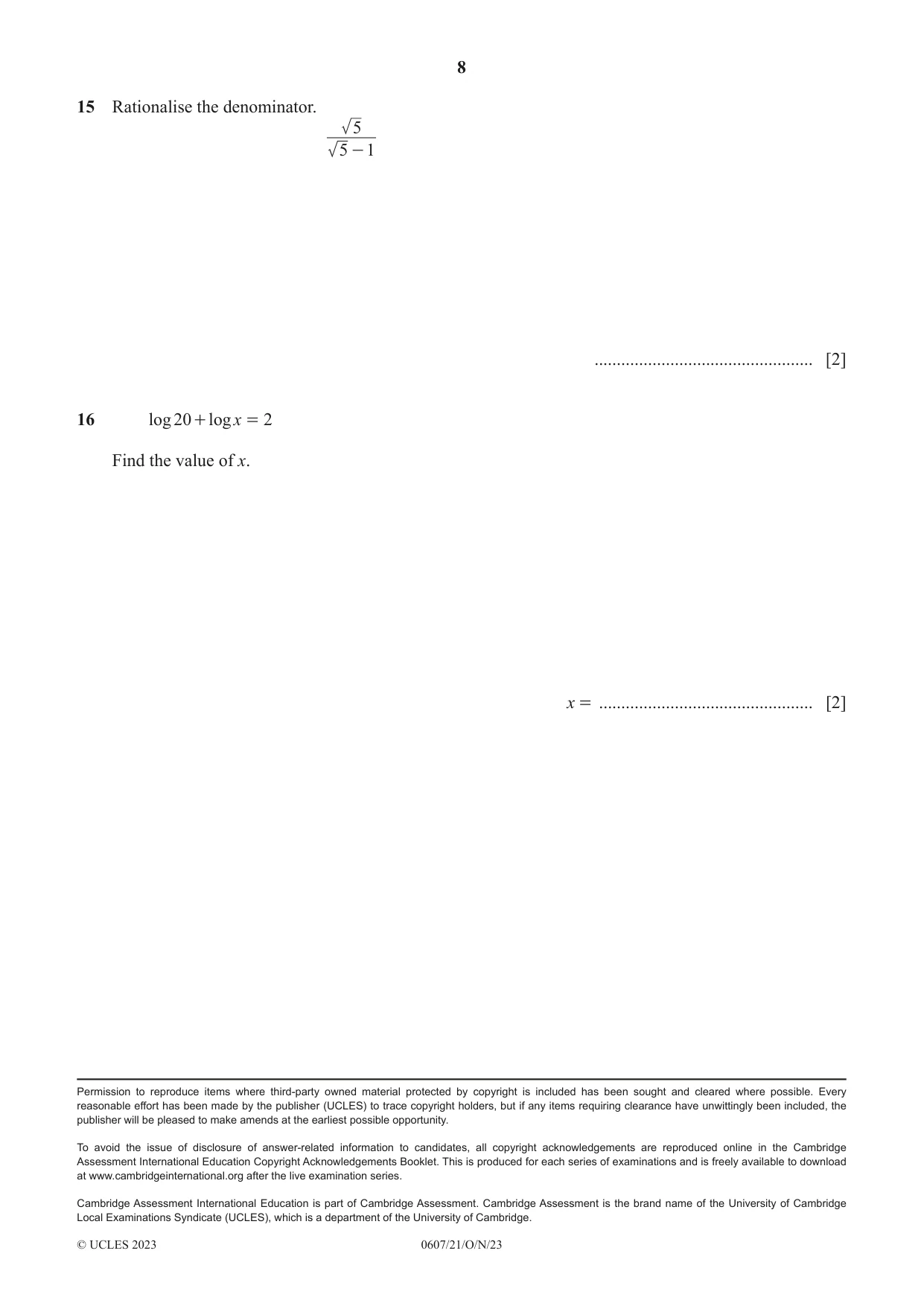 Cambridge IGCSE Mathematics - International 0607 2023 Oct/Nov Paper 2 · Variant 1 question paper, page 8 of 8