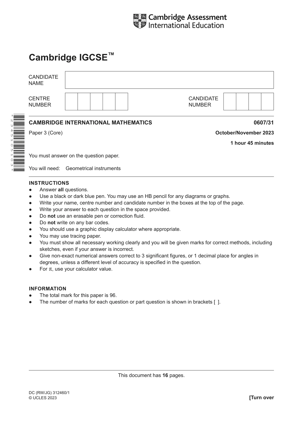 Cambridge IGCSE Mathematics - International 0607 2023 Oct/Nov Paper 3 · Variant 1 question paper, page 1 of 16