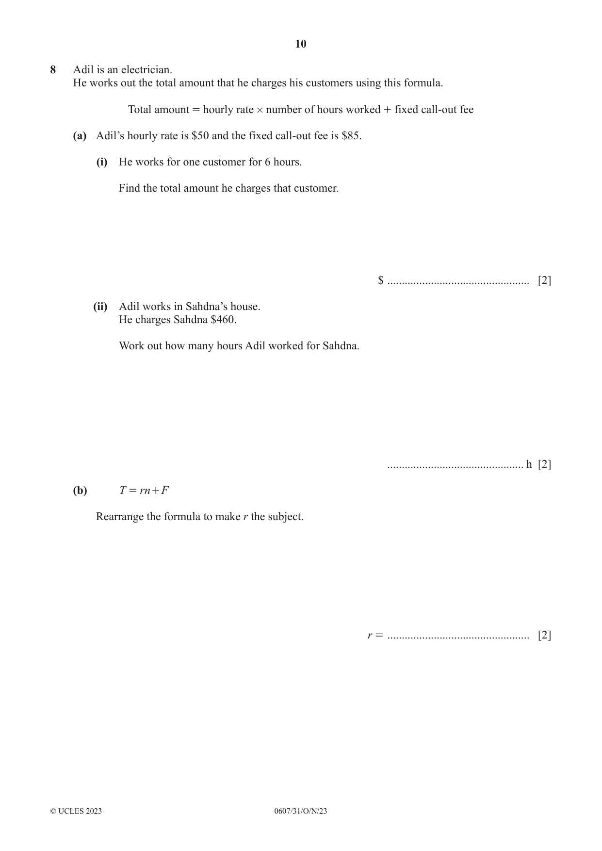 Cambridge IGCSE Mathematics - International 0607 2023 Oct/Nov Paper 3 · Variant 1 question paper, page 10 of 16