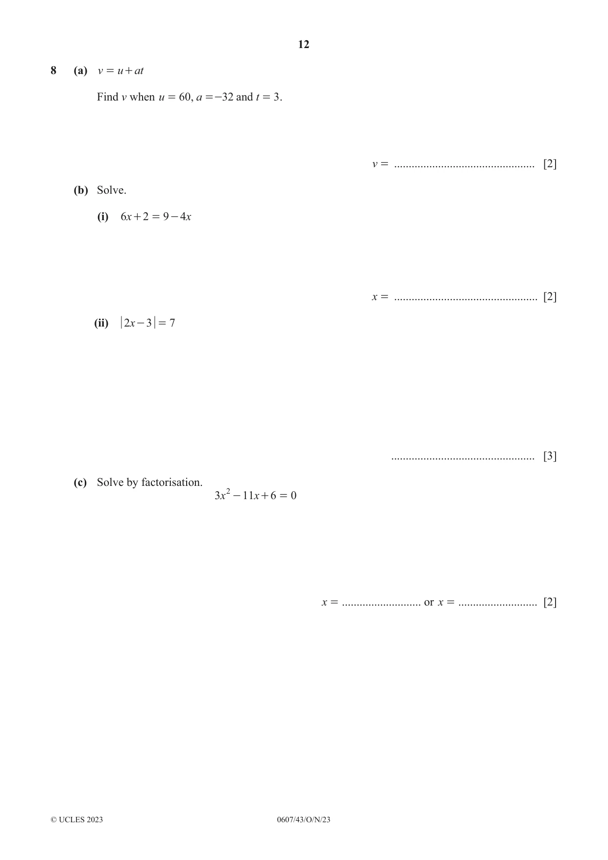 Cambridge IGCSE Mathematics - International 0607 2023 Oct/Nov Paper 4 · Variant 3 question paper, page 12 of 20
