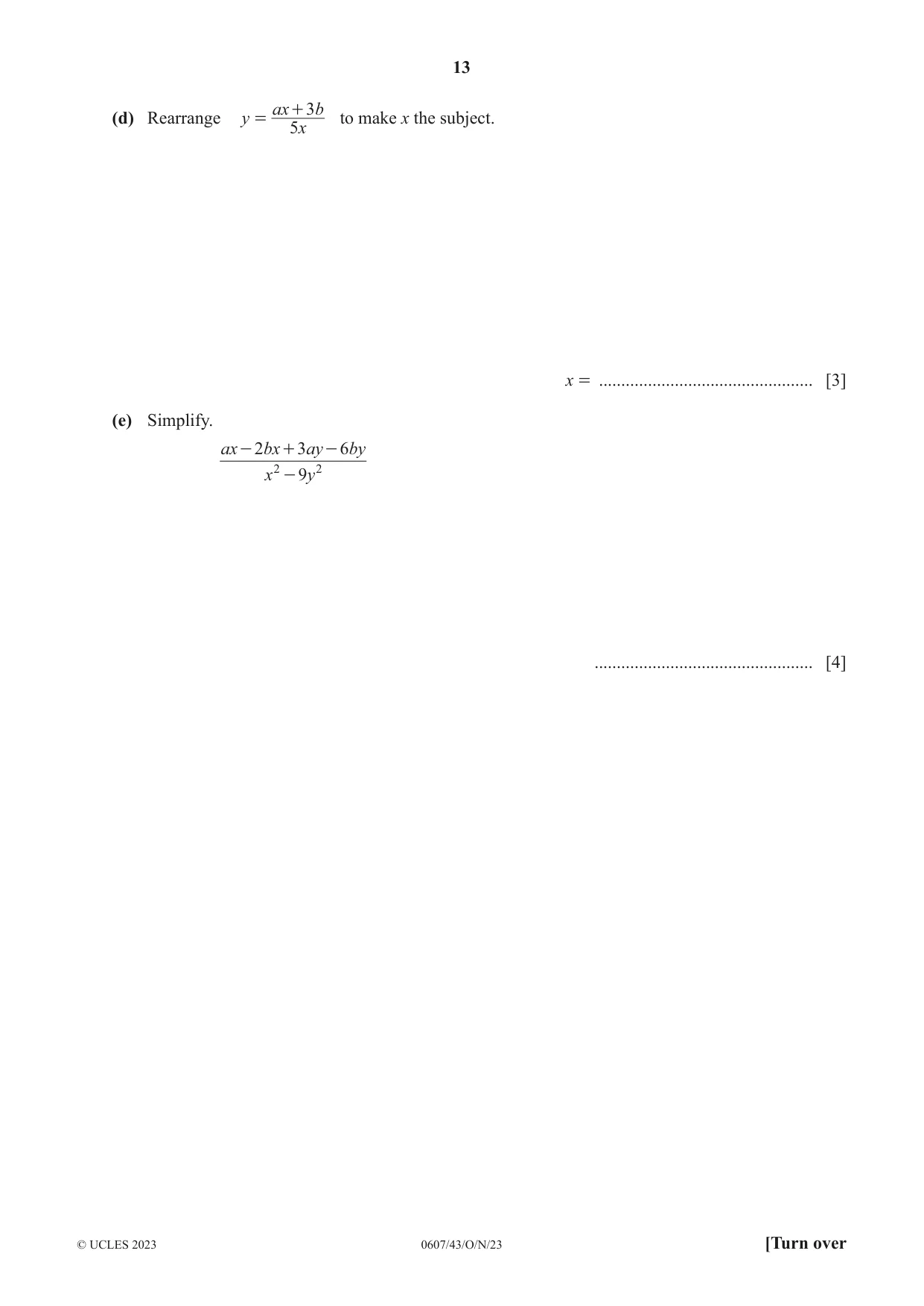 Cambridge IGCSE Mathematics - International 0607 2023 Oct/Nov Paper 4 · Variant 3 question paper, page 13 of 20