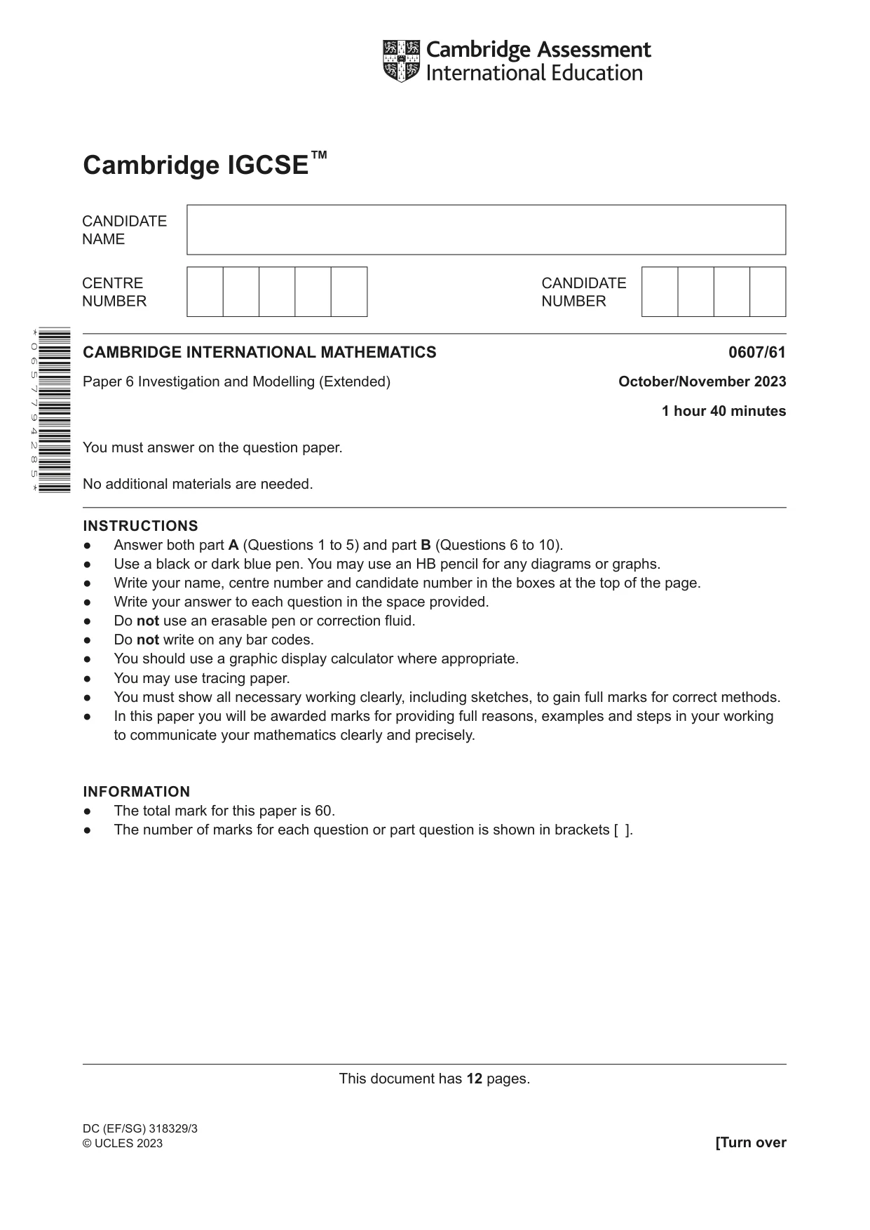 Cambridge IGCSE Mathematics - International 0607 2023 Oct/Nov Paper 6 · Variant 1 question paper, page 1 of 12