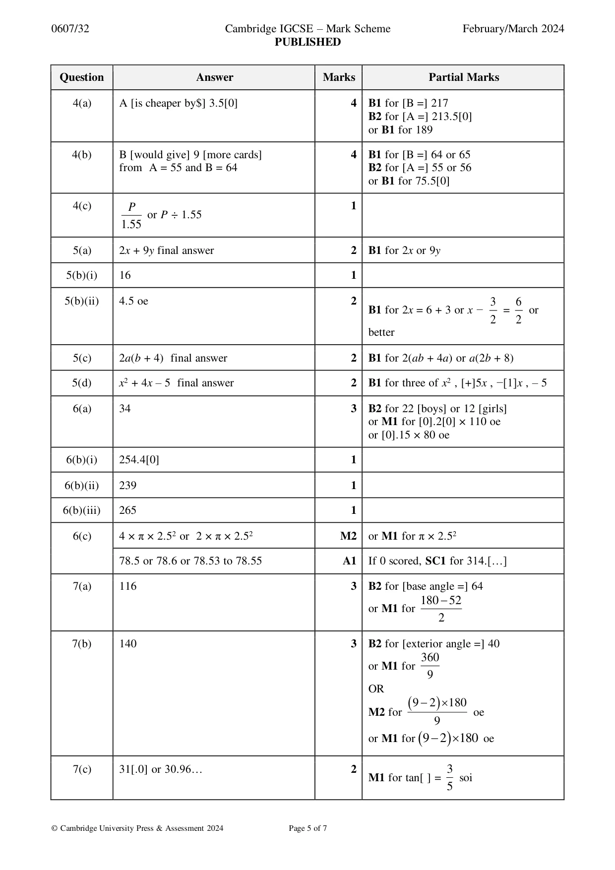 Mark scheme, page 5 of 7
