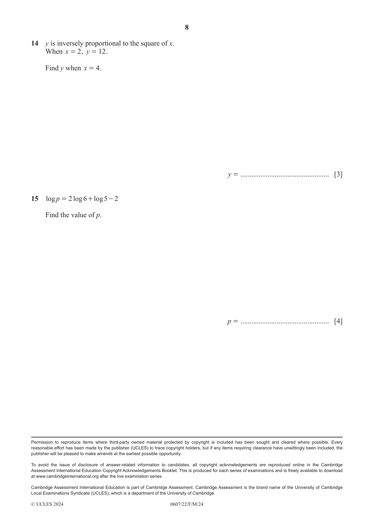 Cambridge IGCSE Mathematics - International 0607 2024 Feb/March Paper 2 · Variant 2 question paper, page 8 of 8