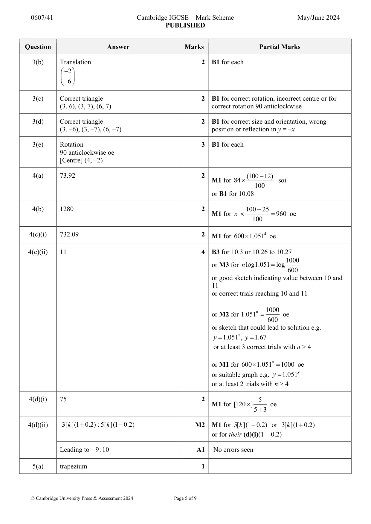 Mark scheme, page 5 of 9