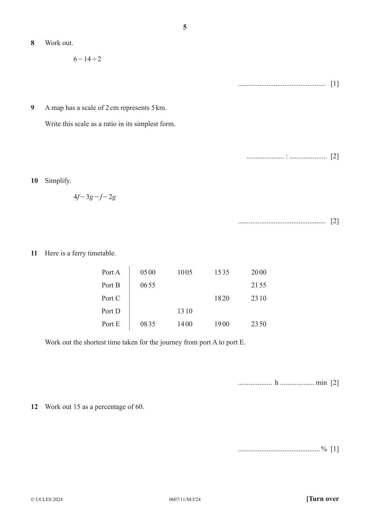 Cambridge IGCSE Mathematics - International 0607 2024 May/June Paper 1 · Variant 1 question paper, page 5 of 8