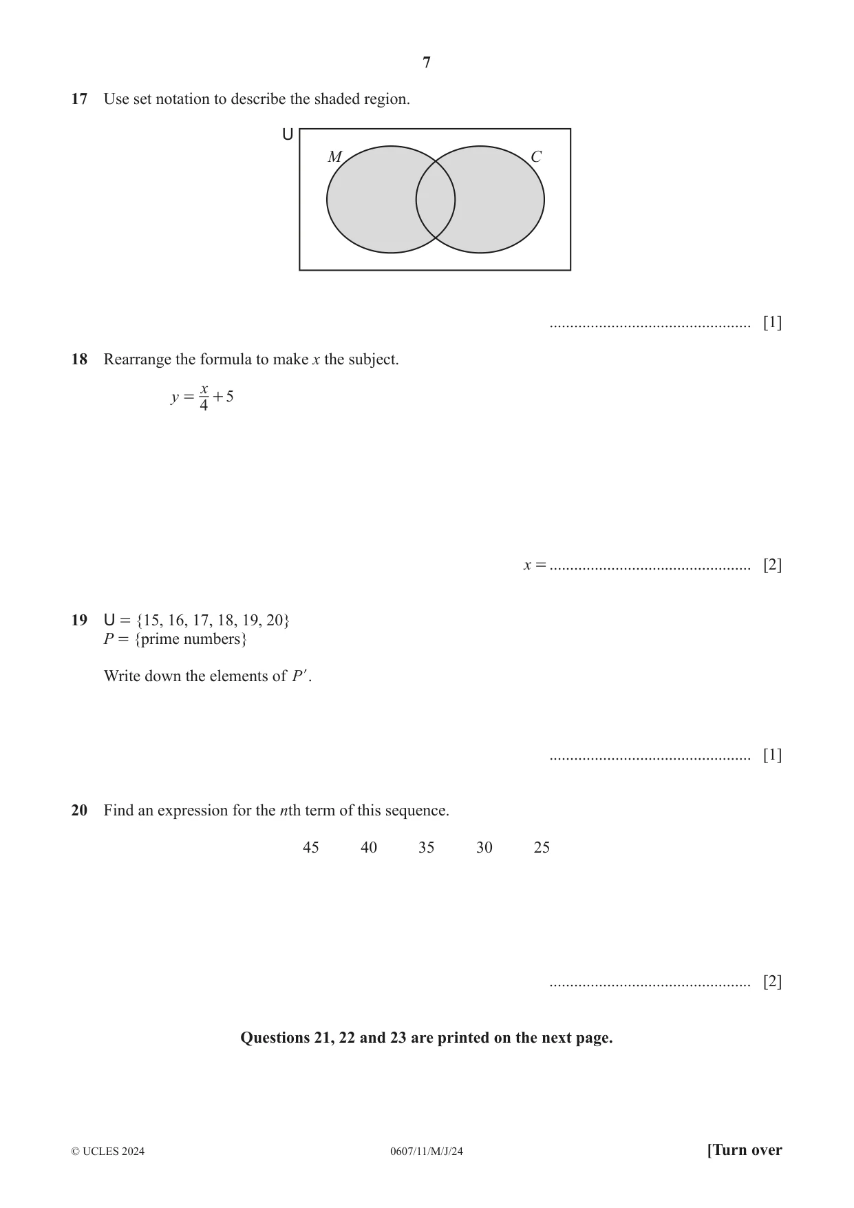 Cambridge IGCSE Mathematics - International 0607 2024 May/June Paper 1 · Variant 1 question paper, page 7 of 8