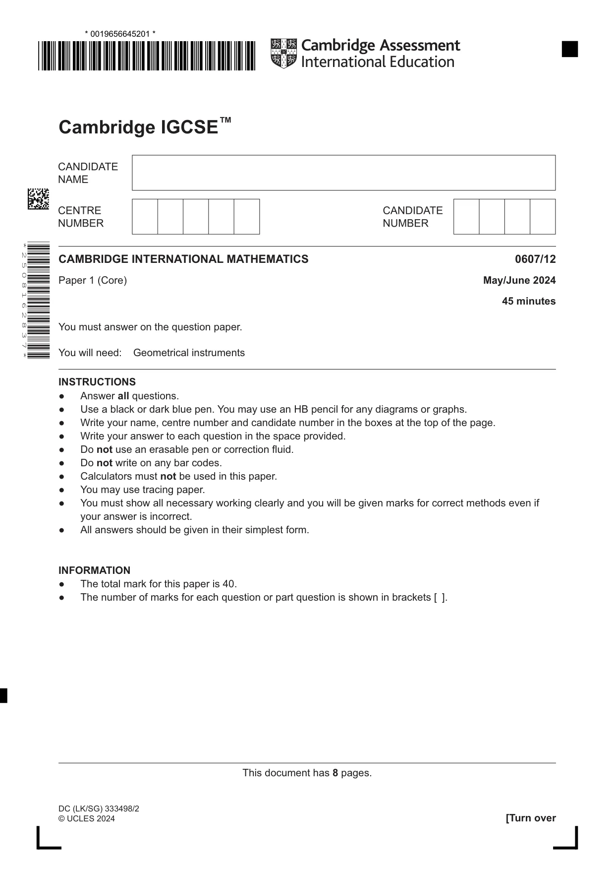 Cambridge IGCSE Mathematics - International 0607 2024 May/June Paper 1 · Variant 2 question paper, page 1 of 8
