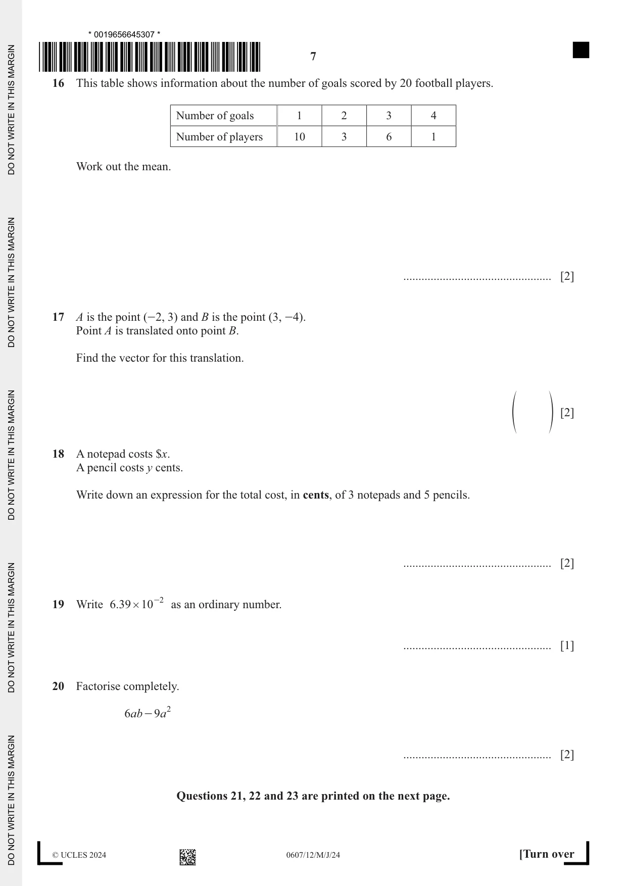 Cambridge IGCSE Mathematics - International 0607 2024 May/June Paper 1 · Variant 2 question paper, page 7 of 8