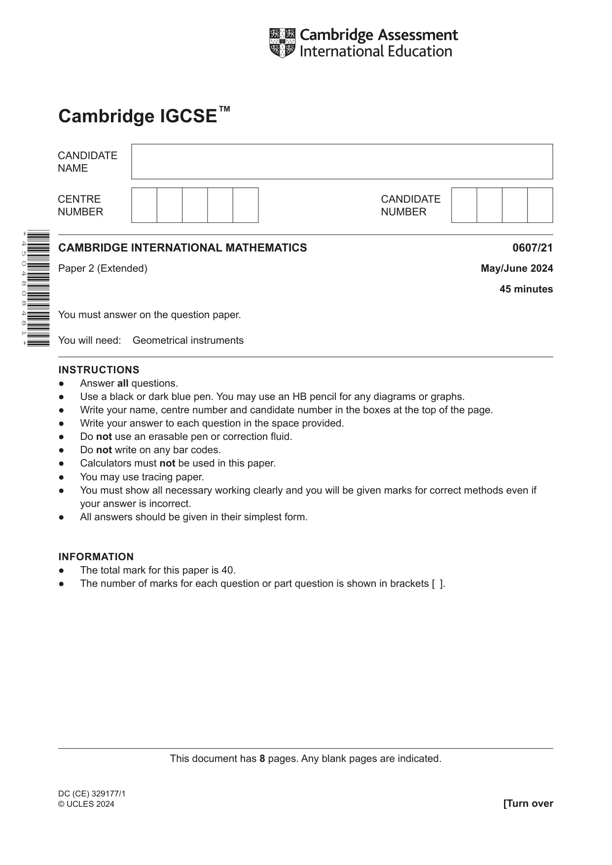 Cambridge IGCSE Mathematics - International 0607 2024 May/June Paper 2 · Variant 1 question paper, page 1 of 8
