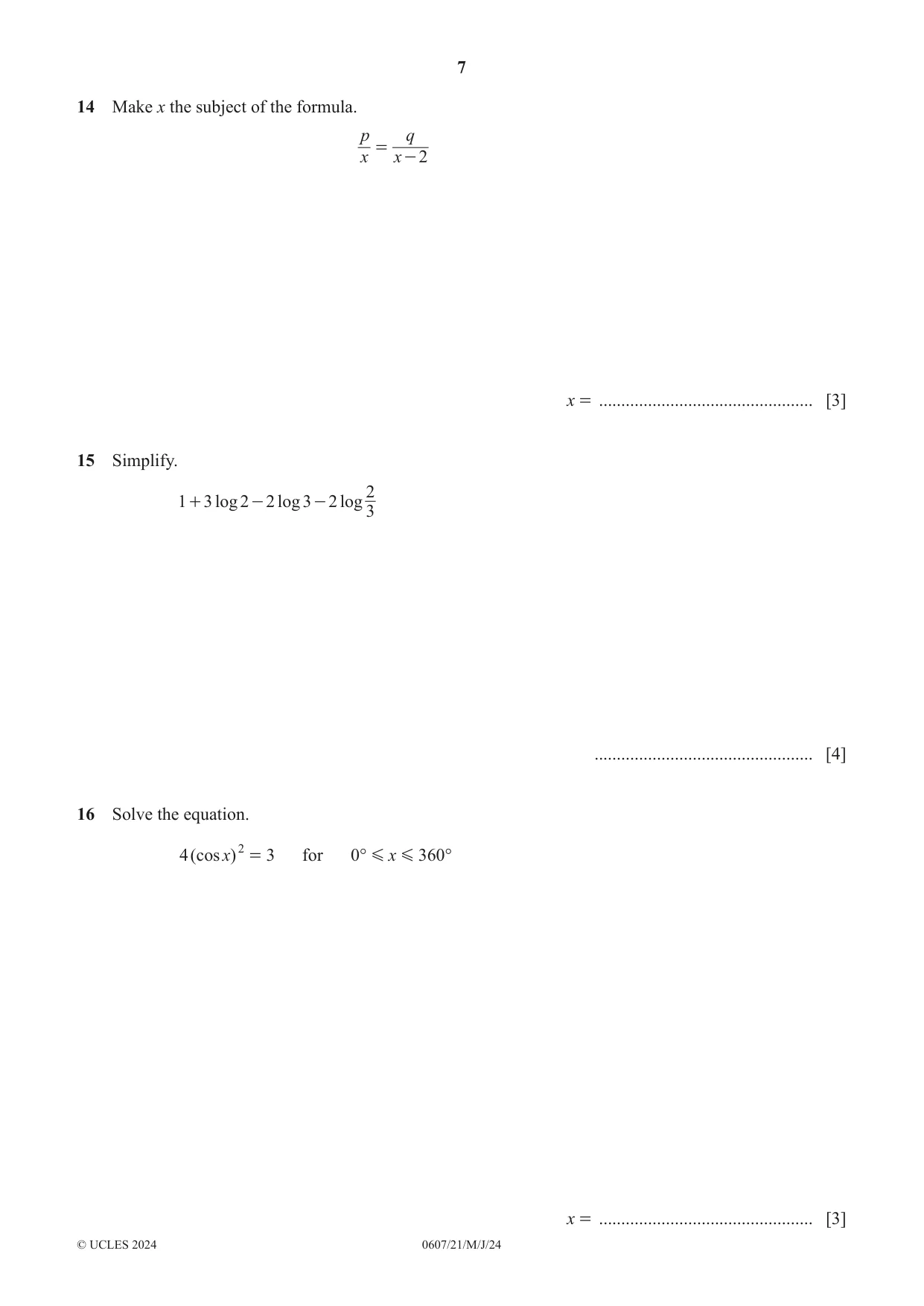 Cambridge IGCSE Mathematics - International 0607 2024 May/June Paper 2 · Variant 1 question paper, page 7 of 8