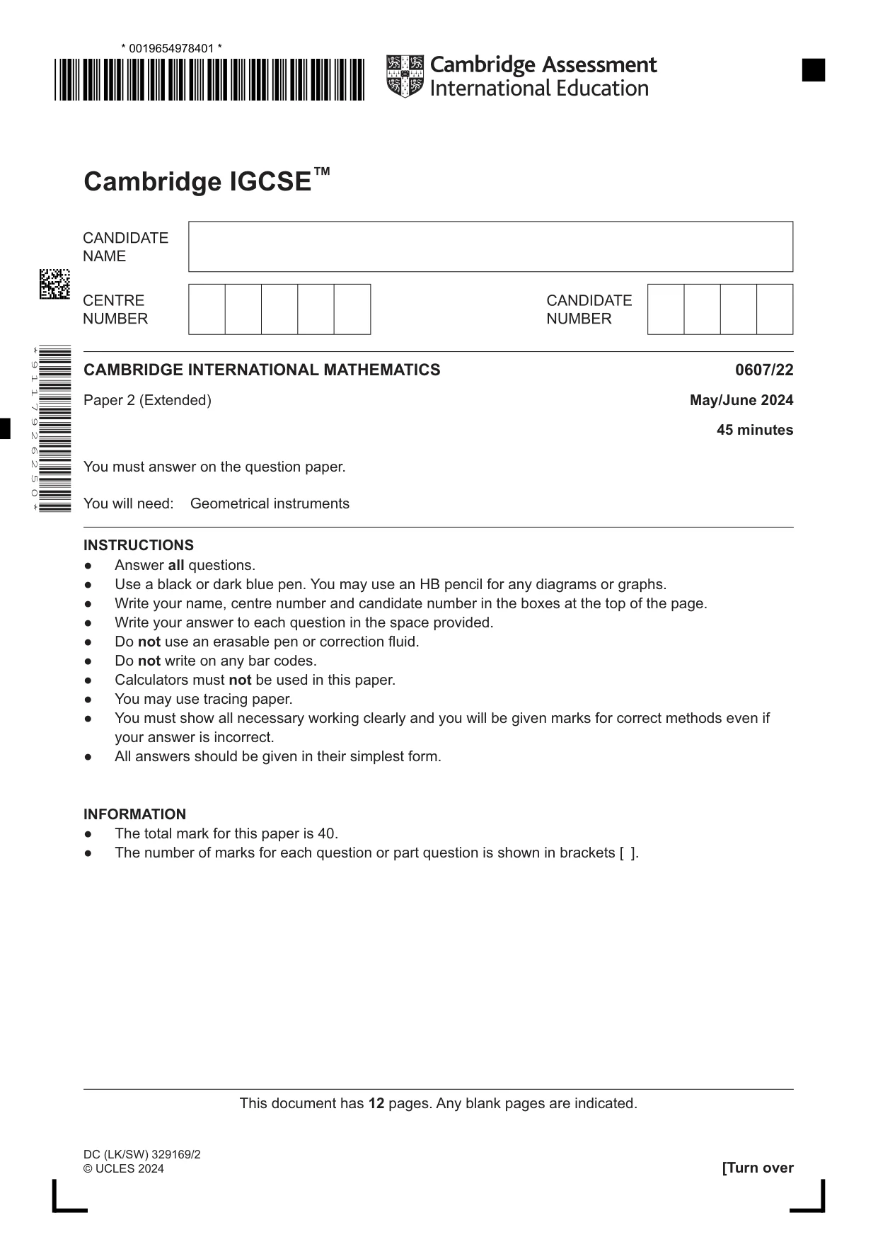 Cambridge IGCSE Mathematics - International 0607 2024 May/June Paper 2 · Variant 2 question paper, page 1 of 12