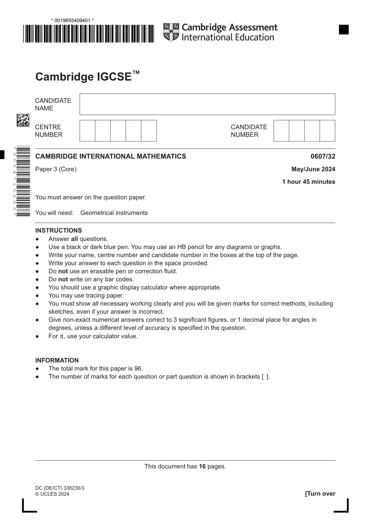 Cambridge IGCSE Mathematics - International 0607 2024 May/June Paper 3 · Variant 2 question paper, page 1 of 16