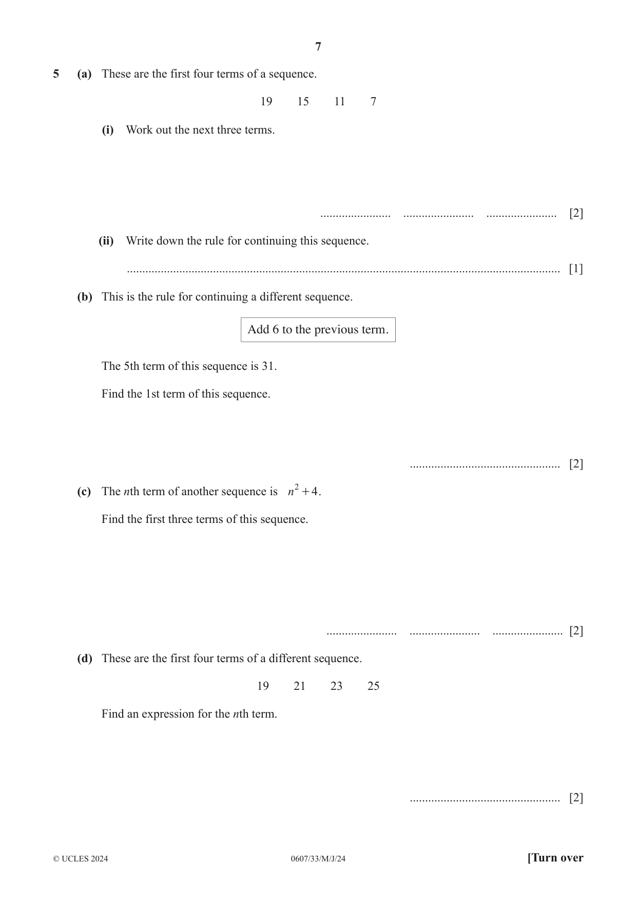Cambridge IGCSE Mathematics - International 0607 2024 May/June Paper 3 · Variant 3 question paper, page 7 of 20