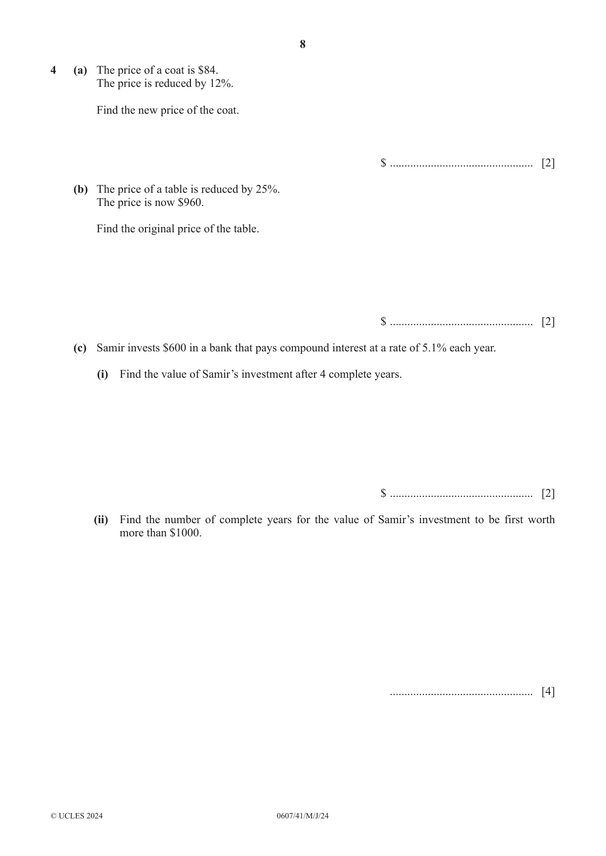 Cambridge IGCSE Mathematics - International 0607 2024 May/June Paper 4 · Variant 1 question paper, page 8 of 20