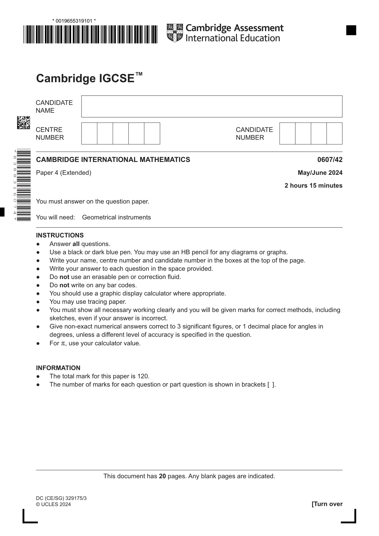 Cambridge IGCSE Mathematics - International 0607 2024 May/June Paper 4 · Variant 2 question paper, page 1 of 20